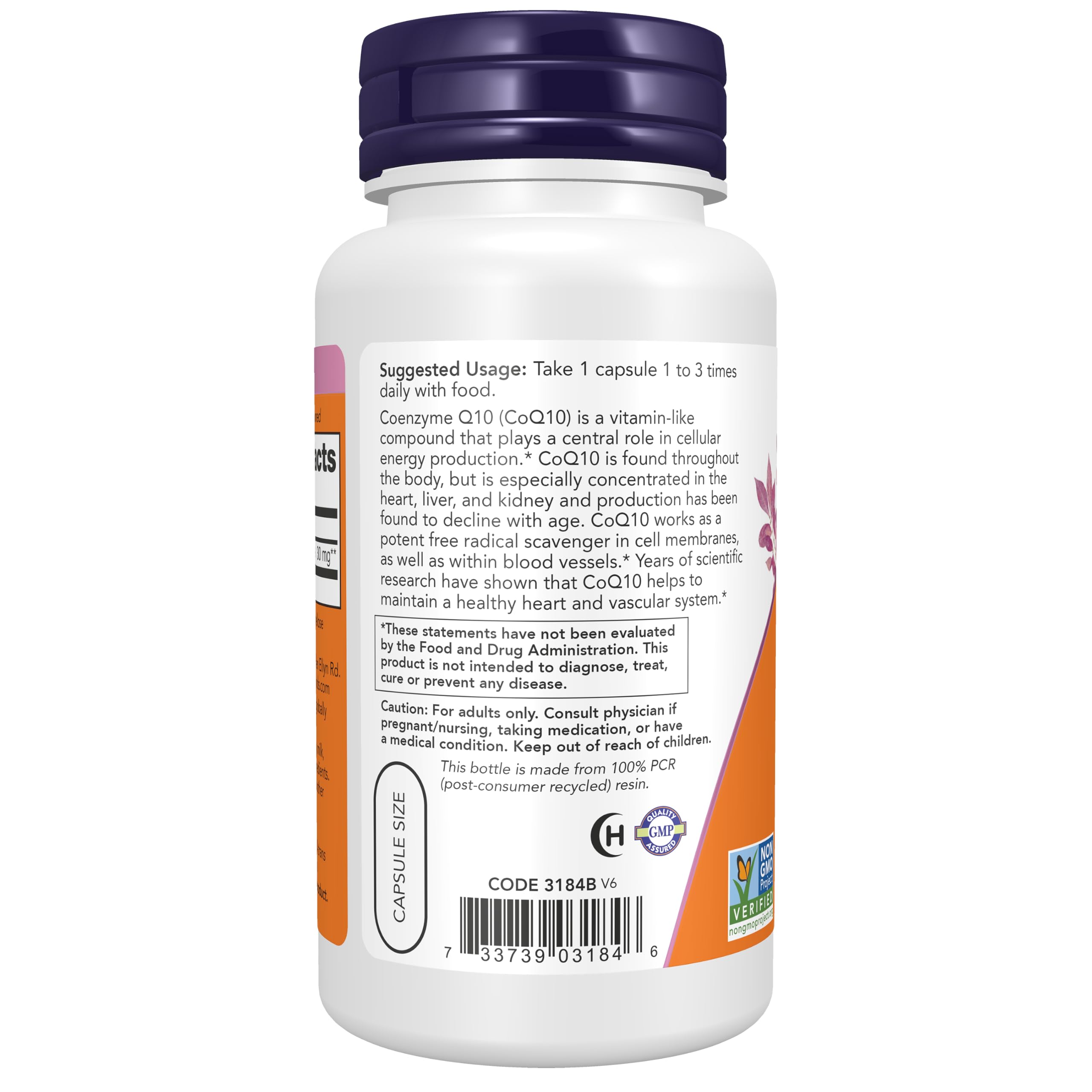 NOW Foods etiqueta del producto con información de 30 mg y certificaciones