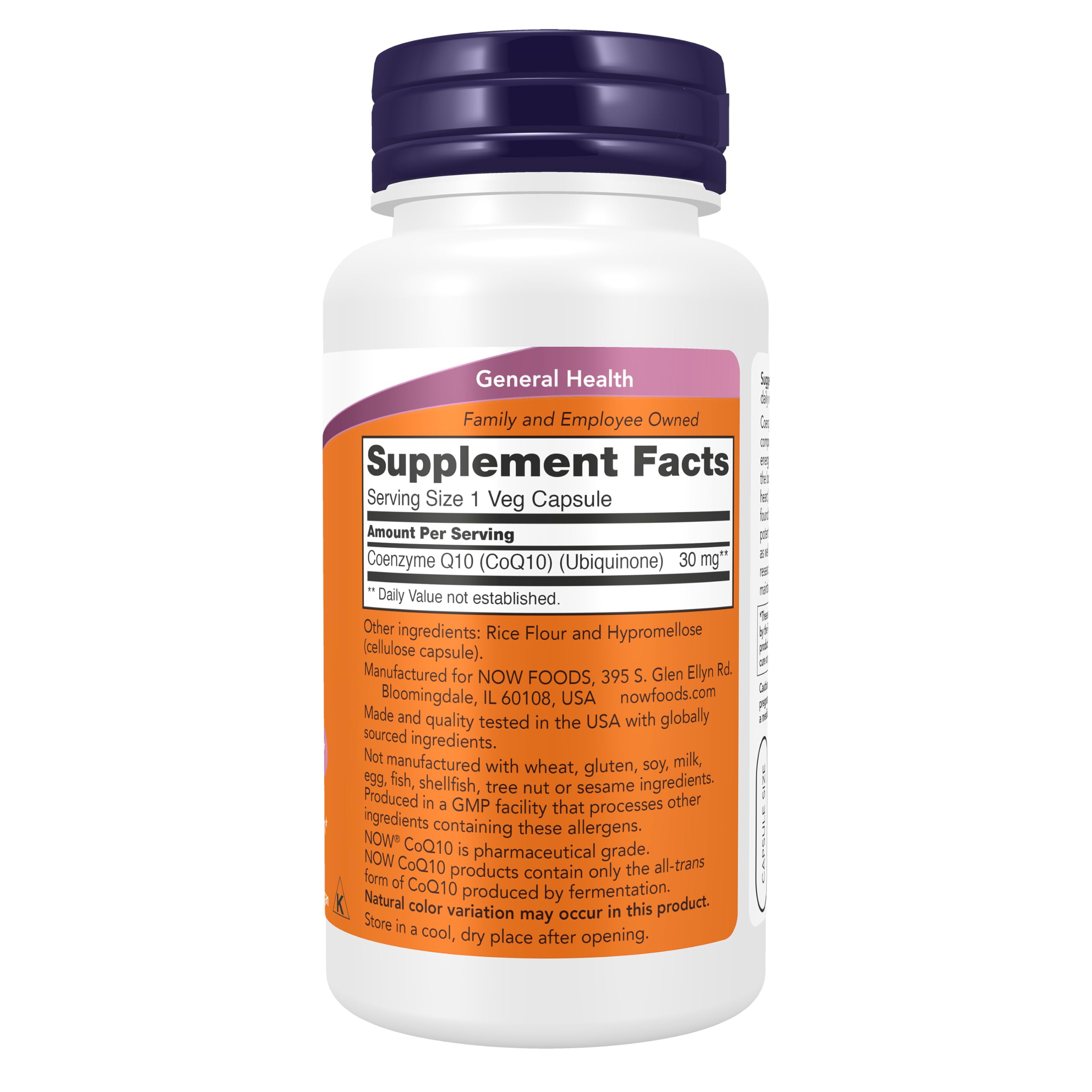 NOW Foods primer plano de cápsula vegetal destacando pureza y forma all-trans