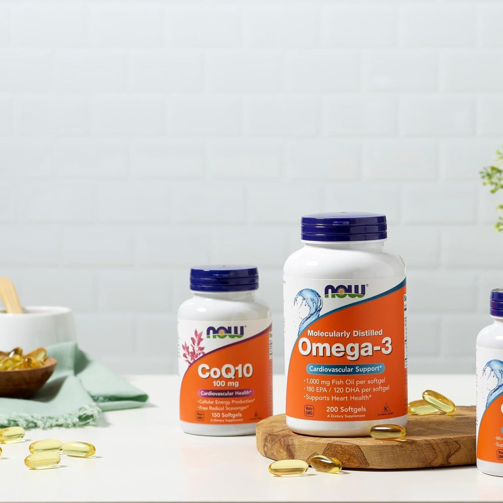 NOW Foods frasco con alimentos grasos para mejorar absorción del suplemento