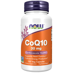 NOW Foods envase frontal mostrando CoQ10 30 mg y beneficios