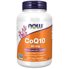 NOW Foods envase frontal mostrando CoQ10 30 mg y 240 cápsulas, confianza y pureza