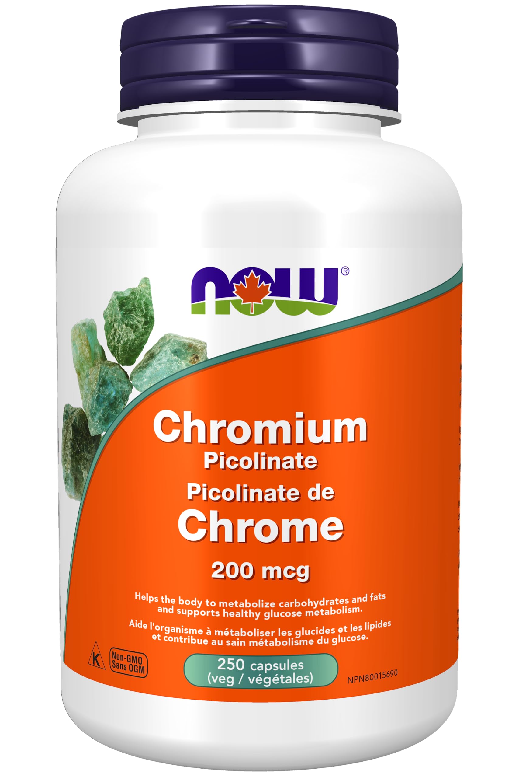 NOW Foods envase frontal de Chromium Picolinate 200 mcg con 250 cápsulas, presentación clara y protección