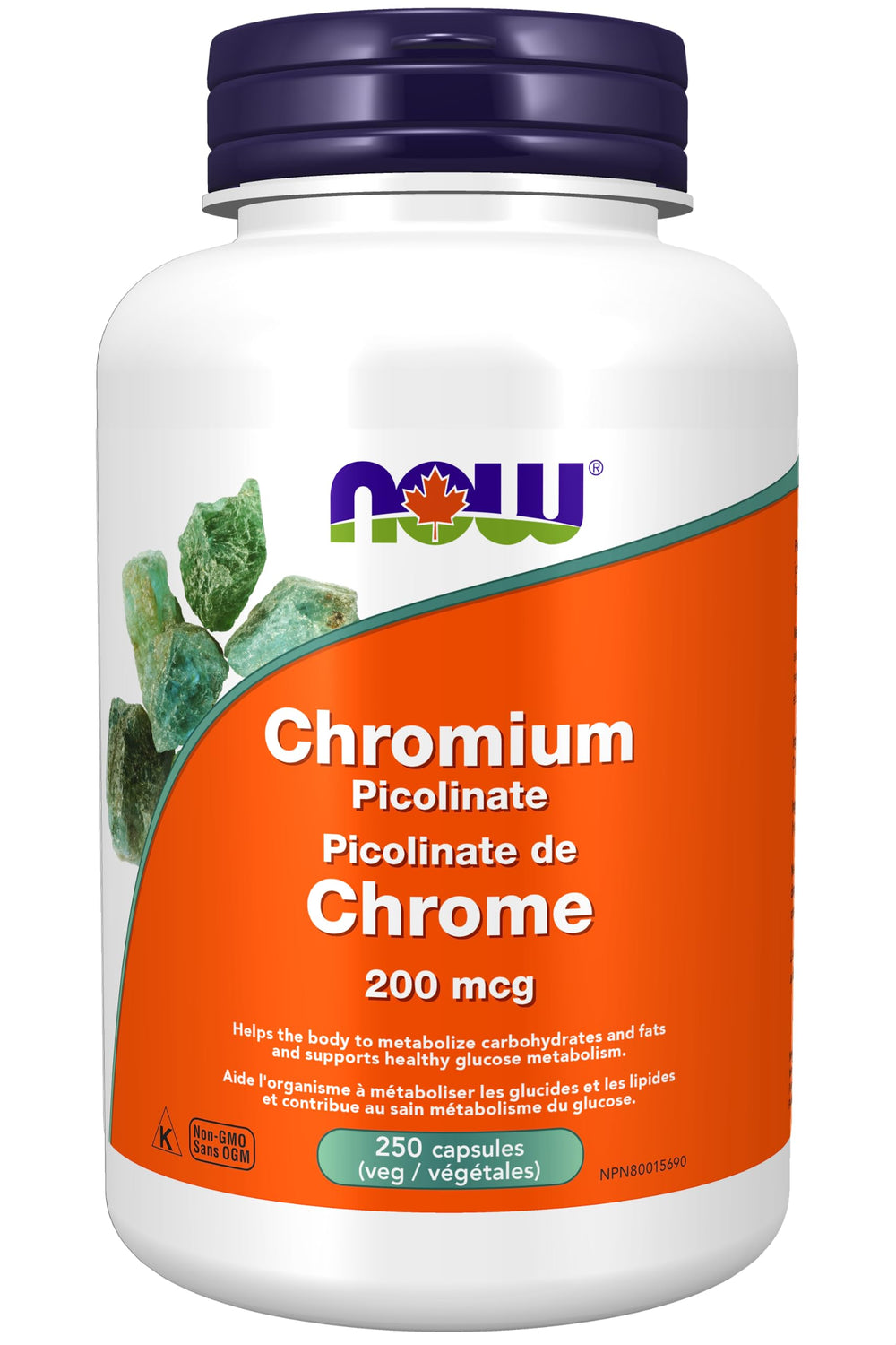 NOW Foods envase frontal de Chromium Picolinate 200 mcg con 250 cápsulas, presentación clara y protección
