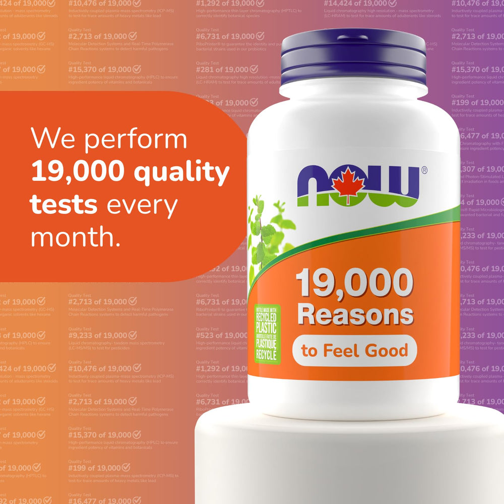 Envase abierto de NOW Foods con cápsulas visibles, ideal para suministro prolongado