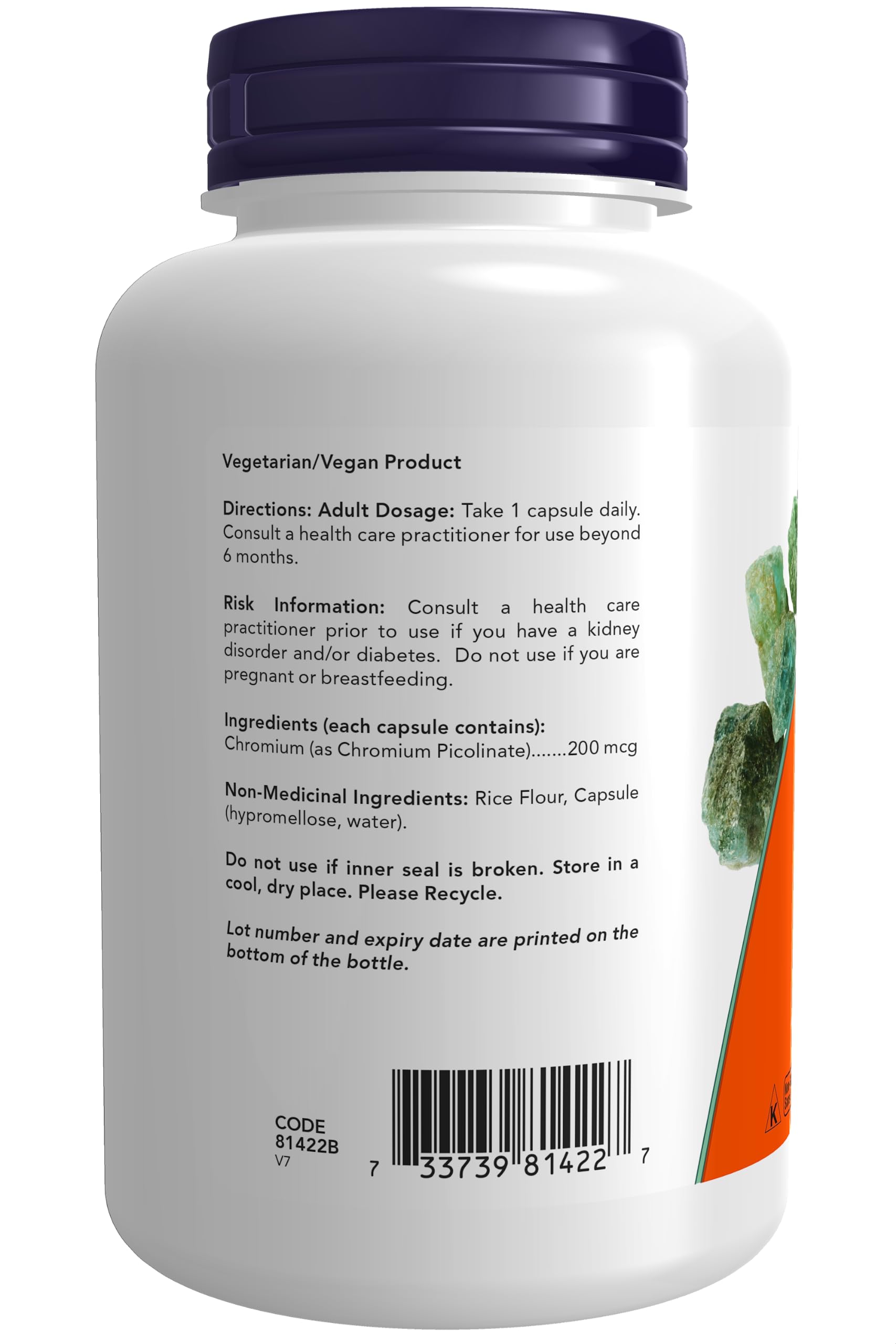 Etiqueta nutricional de NOW Foods Chromium Picolinate mostrando dosis y certificaciones GMP