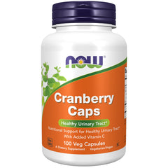 NOW Foods envase frontal de Cranberry Caps mostrando 100 cápsulas y beneficios
