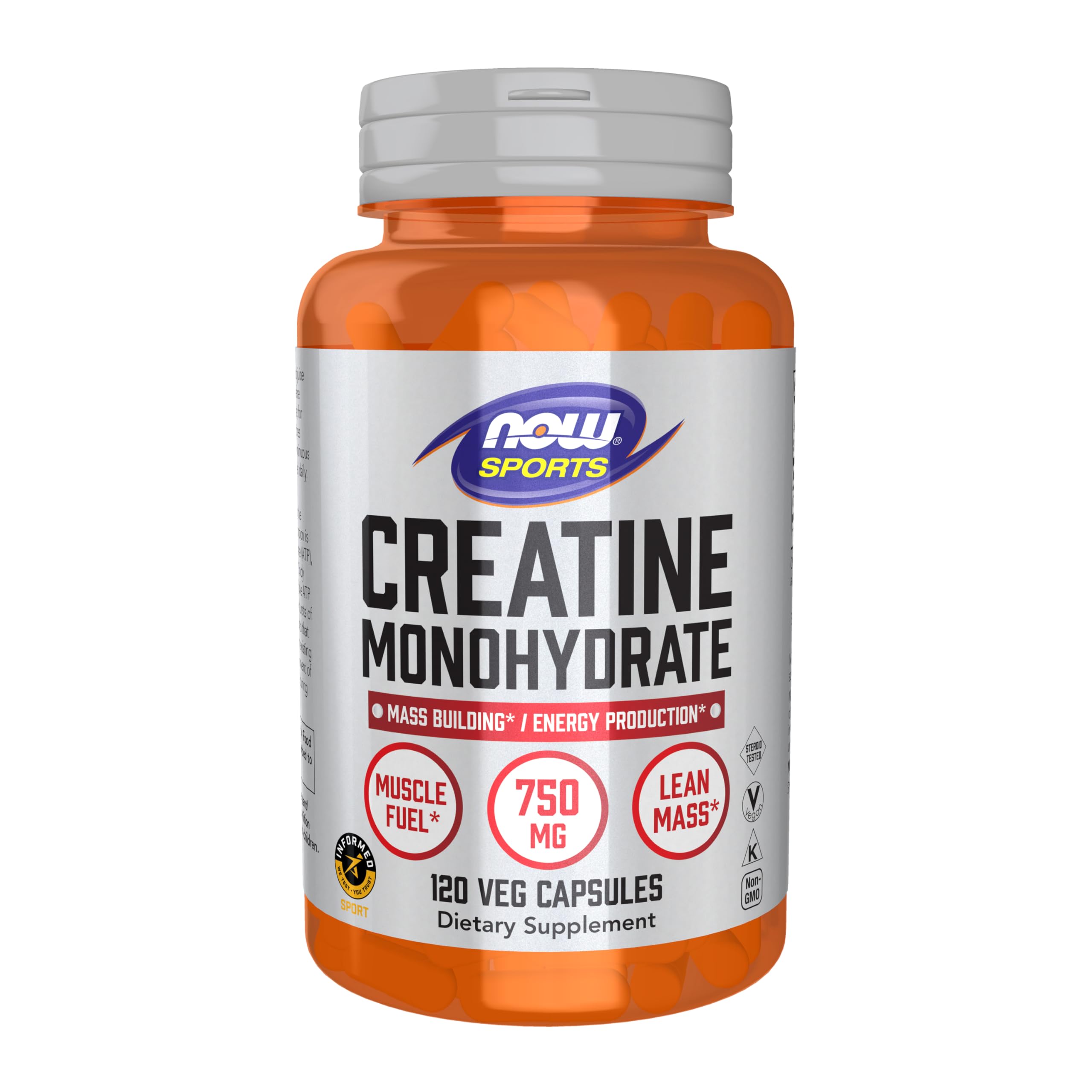 NOW Foods frasco frontal muestra creatina veg y dosificación clara