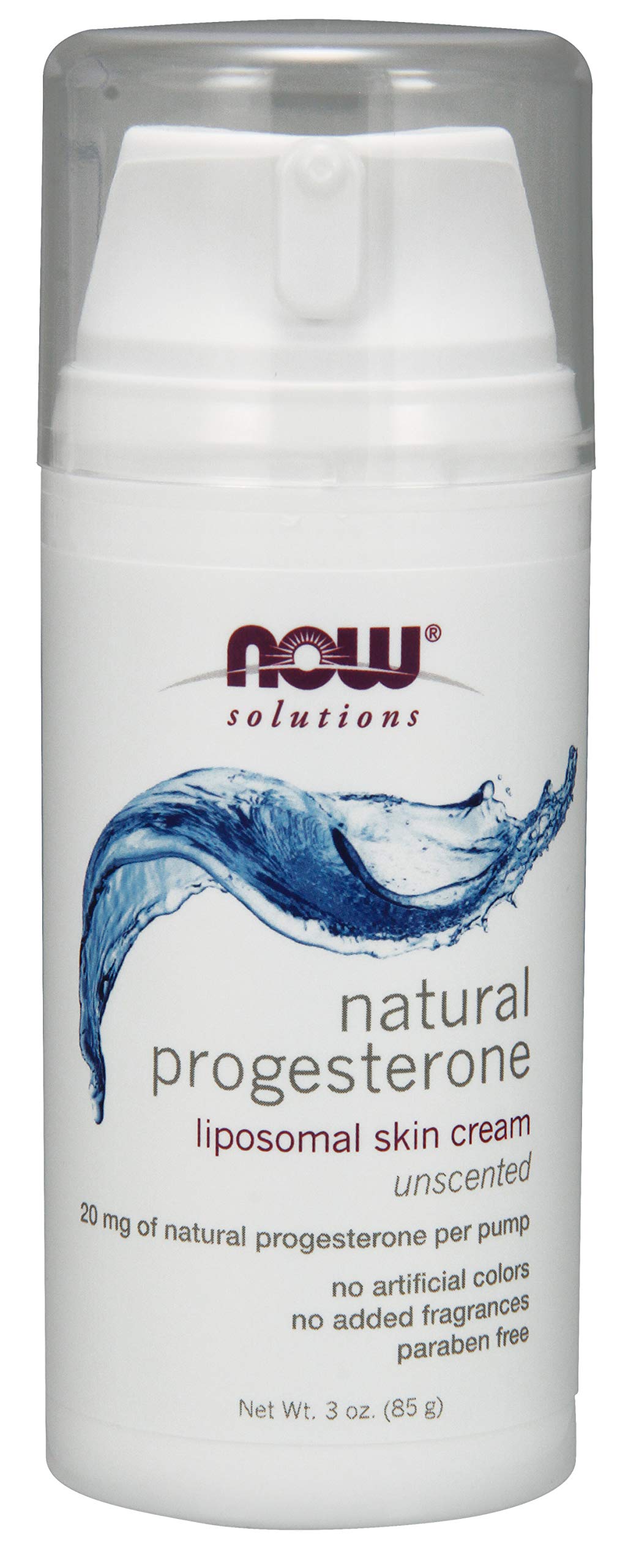 NOW Foods envase frontal de crema de progesterona sin fragancia mostrando dosificador y etiqueta clara