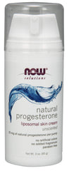 NOW Foods envase frontal de crema de progesterona sin fragancia mostrando dosificador y etiqueta clara