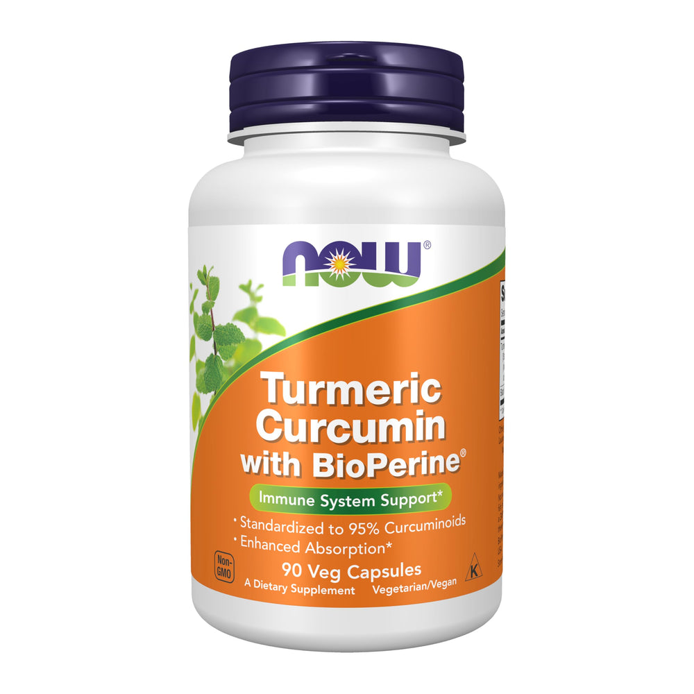 NOW Foods curcuma-curcumina con BioPerine, bote frontal, apoyo al bienestar diario.