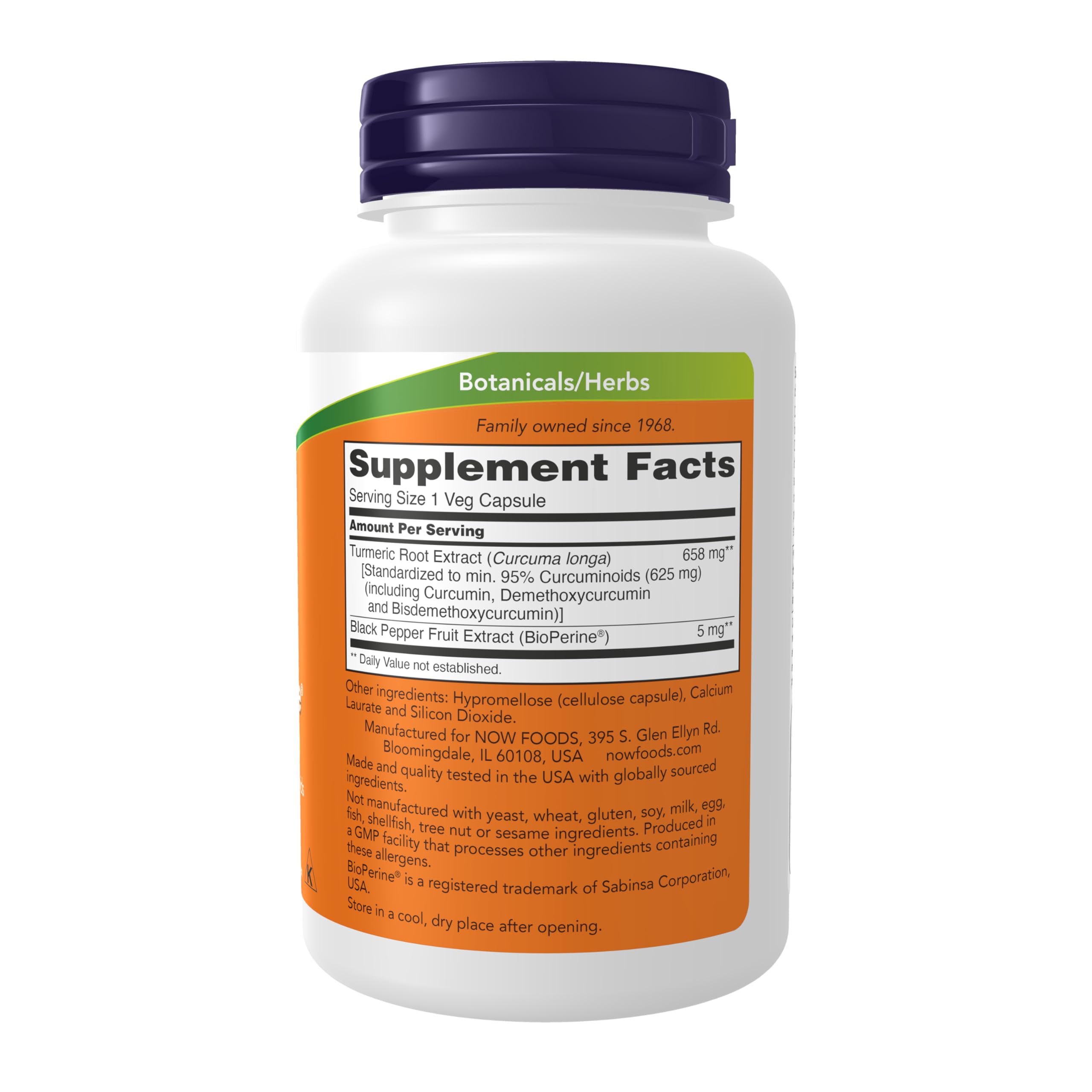 NOW Foods curcuma-curcumina con BioPerine, etiqueta detallada y curcuminoides estandarizados.