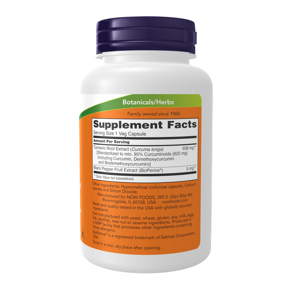 NOW Foods curcuma-curcumina con BioPerine, etiqueta detallada y curcuminoides estandarizados.