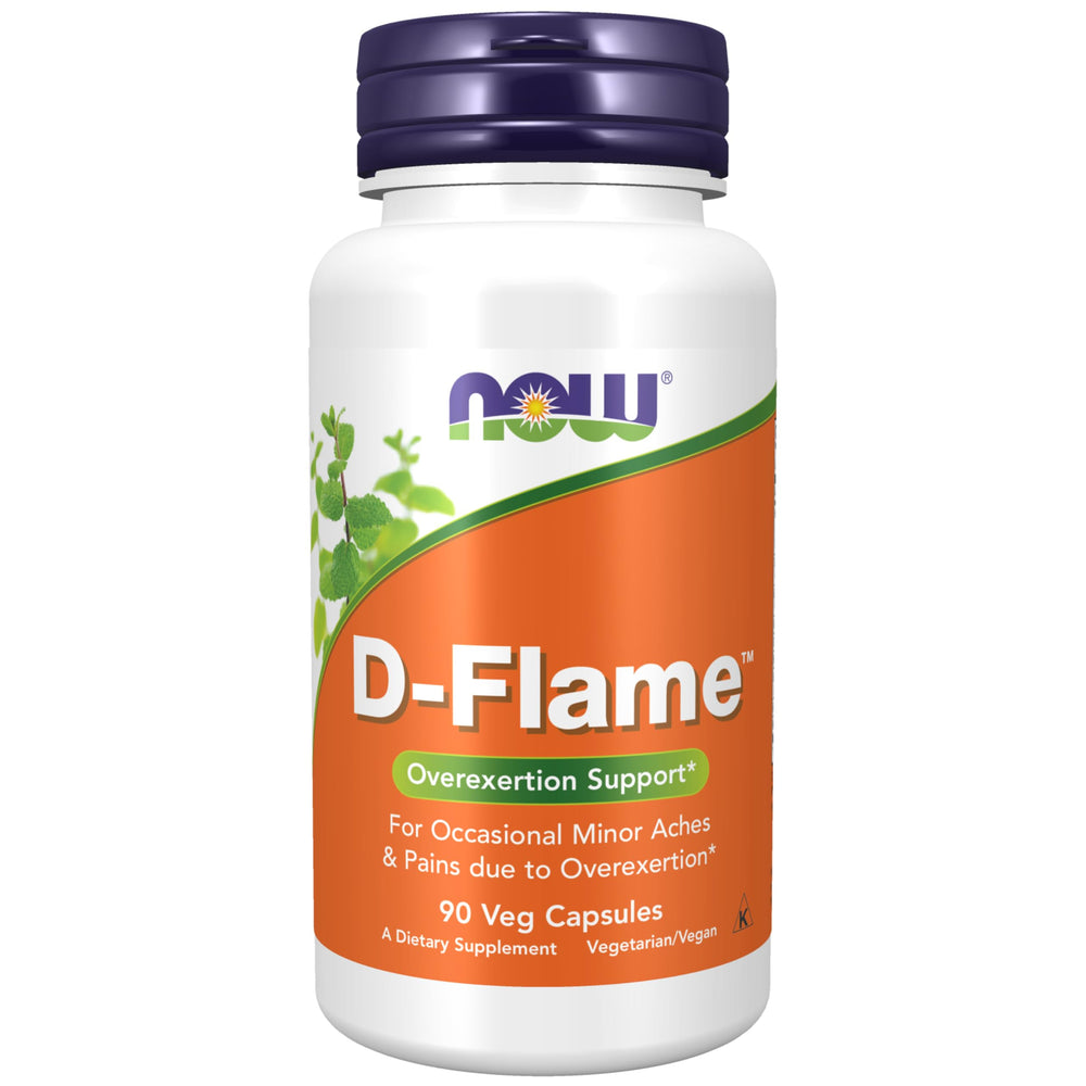 NOW Foods D‑Flame vista frontal con etiquetado claro y beneficio de apoyo