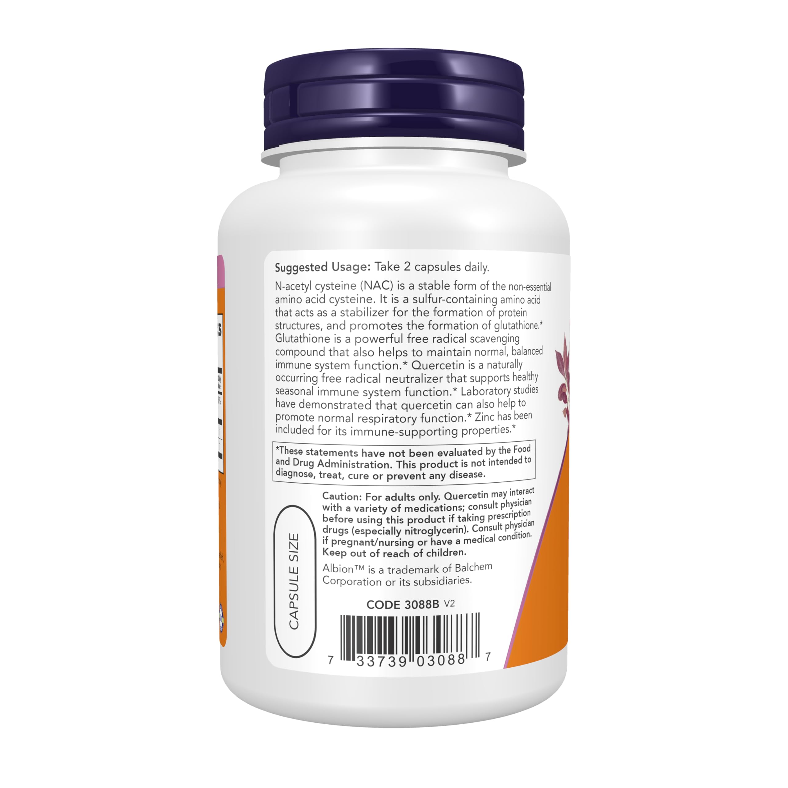 NOW Foods detalle de etiqueta con cantidades de NAC, quercetina y zinc