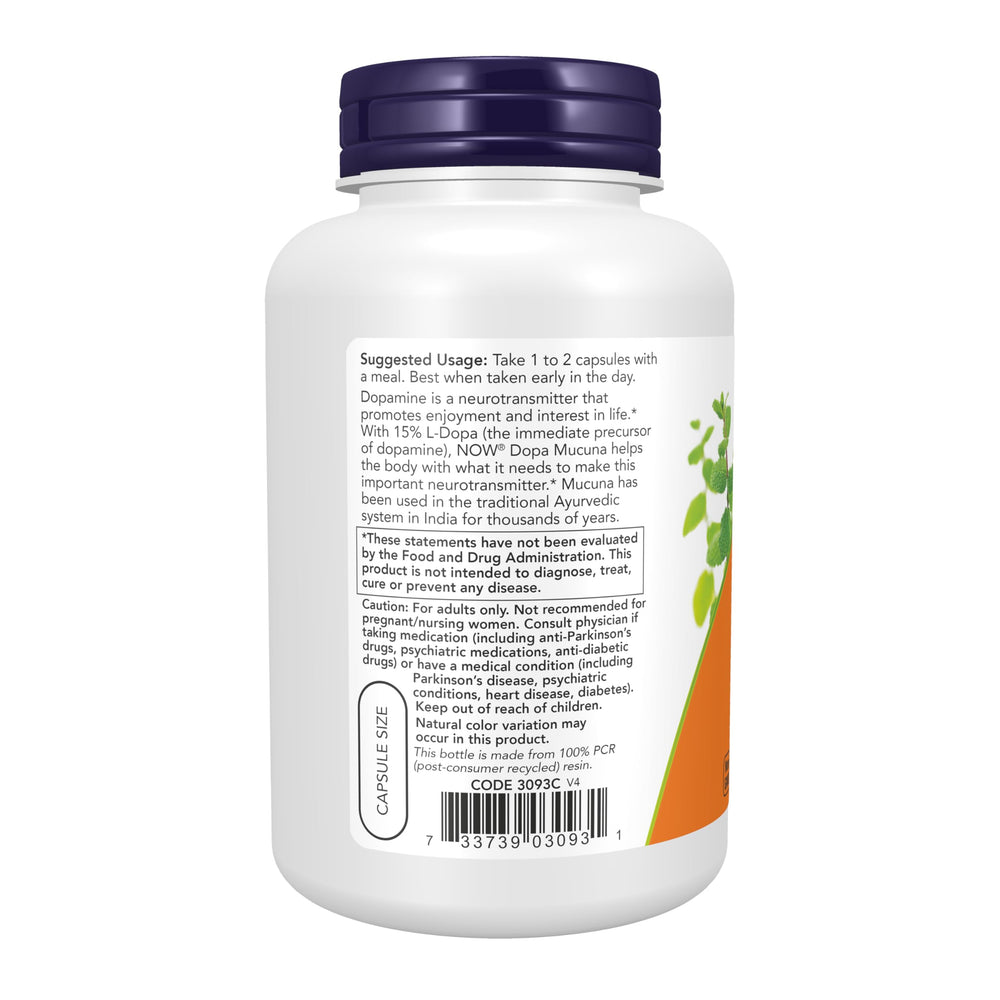 Etiqueta de NOW Foods DOPA Mucuna con lista de ingredientes y 15% L-Dopa destacada