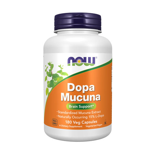 NOW Foods frasco frontal de DOPA Mucuna mostrando cápsulas veganas y claridad de etiqueta