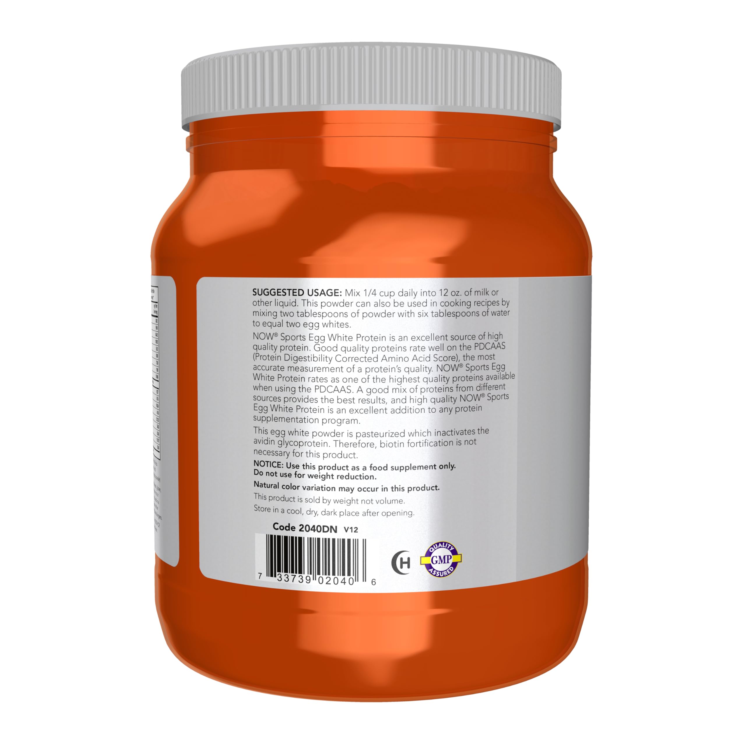 Close-up del polvo NOW Foods Egg White mostrando textura fina y soluble