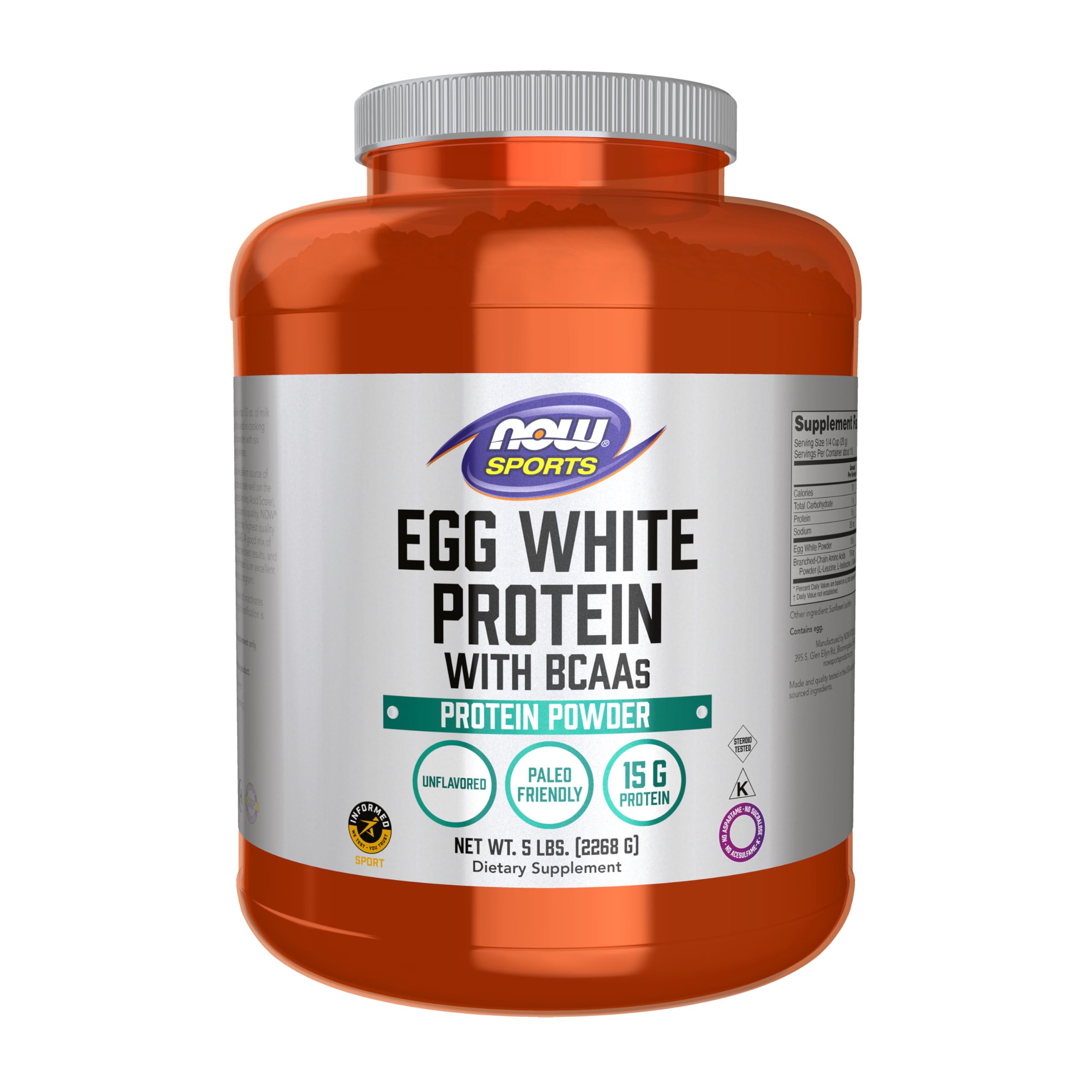 NOW Foods envase frontal de Egg White Protein con etiquetado claro y confianza