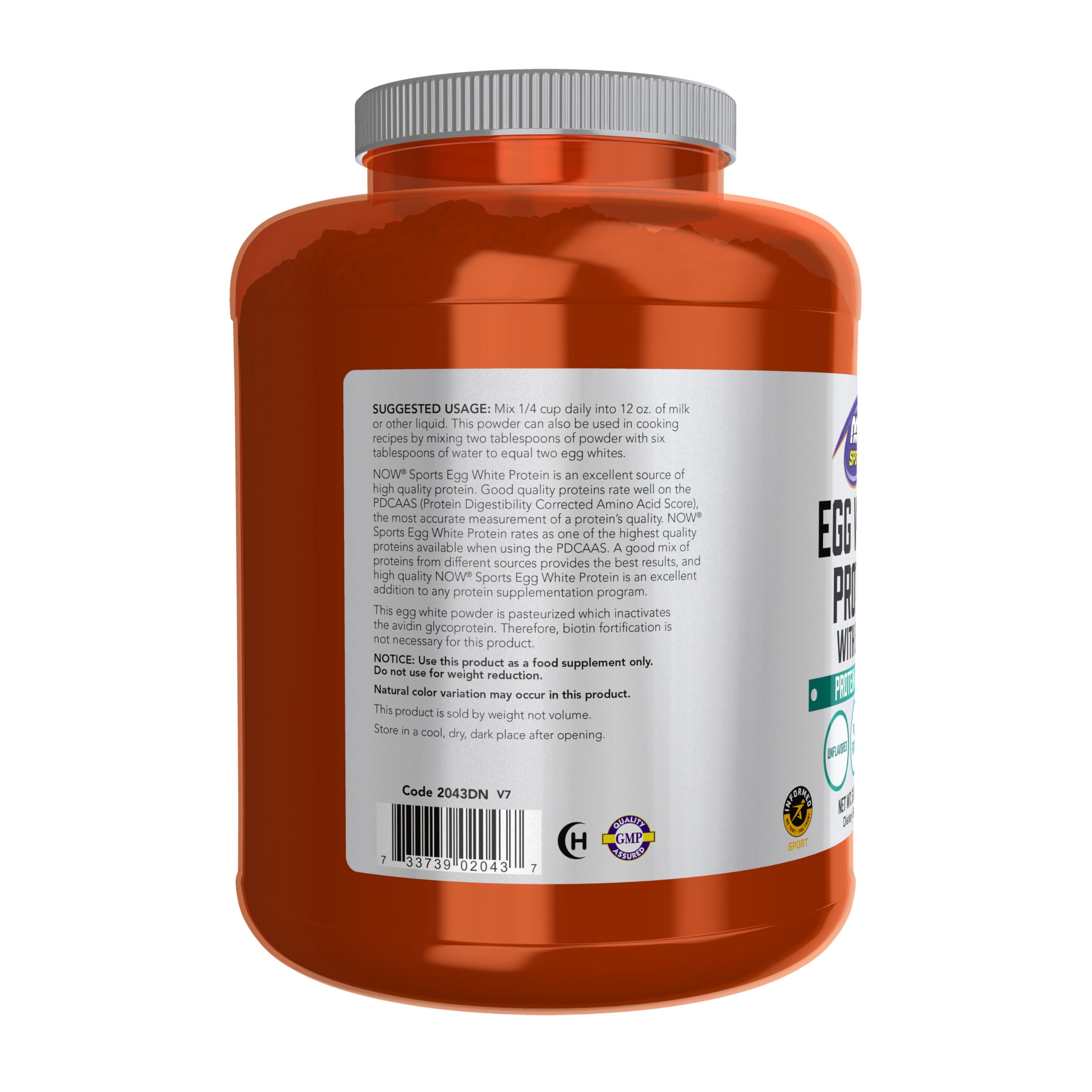 Cuchara con porción de NOW Foods Egg White Protein mostrando 16 g de proteína
