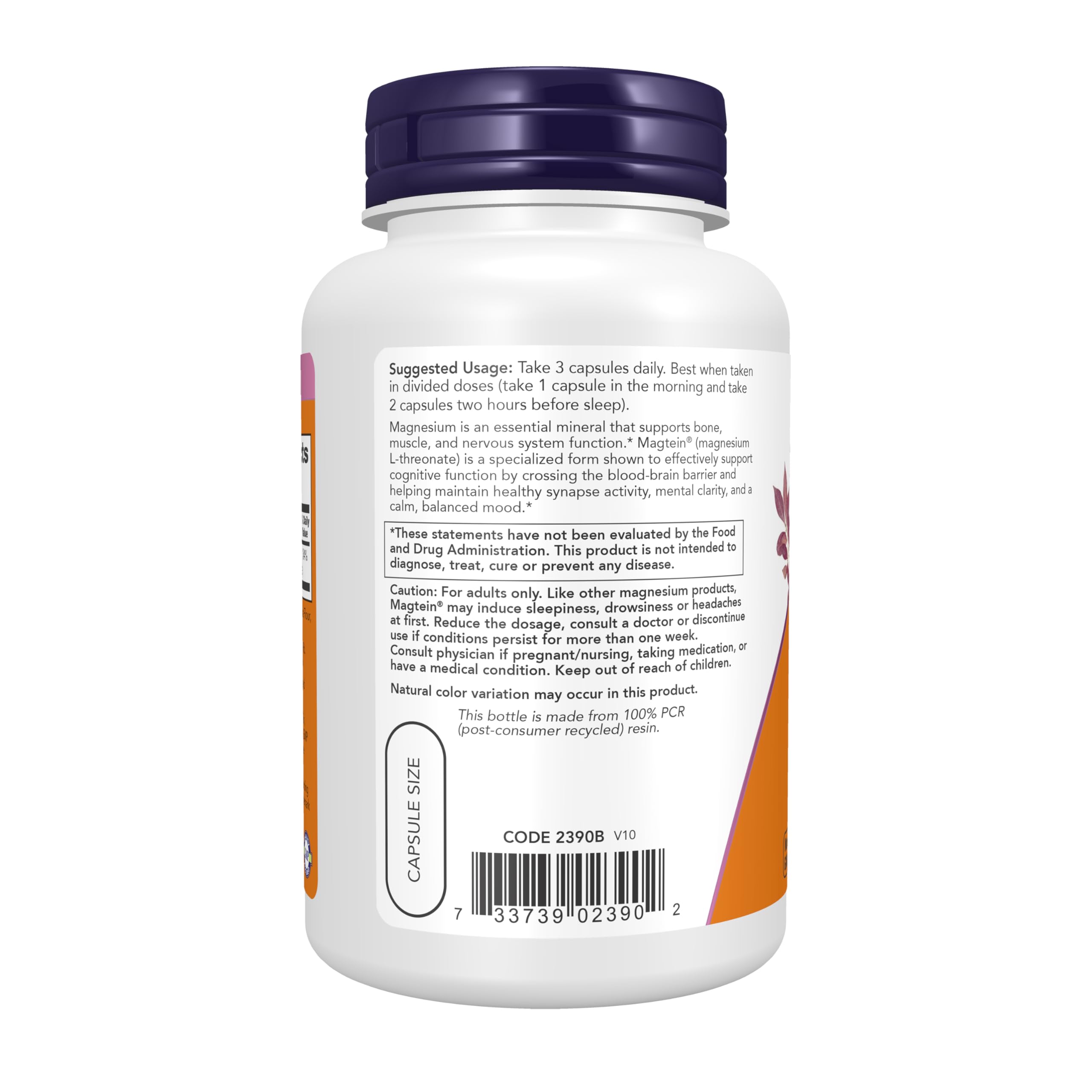 NOW Foods etiqueta en primer plano con información de Magtein y garantías de calidad