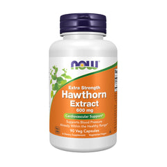 NOW Foods envase frontal de Hawthorn 600 mg mostrando etiqueta y beneficio cardiovascular