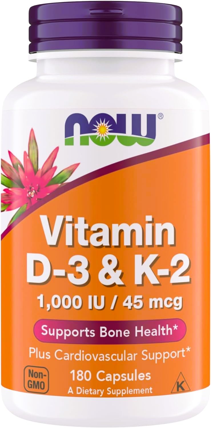 NOW Foods envase frontal de Vitamina D3 K2 mostrando dosis y certificaciones