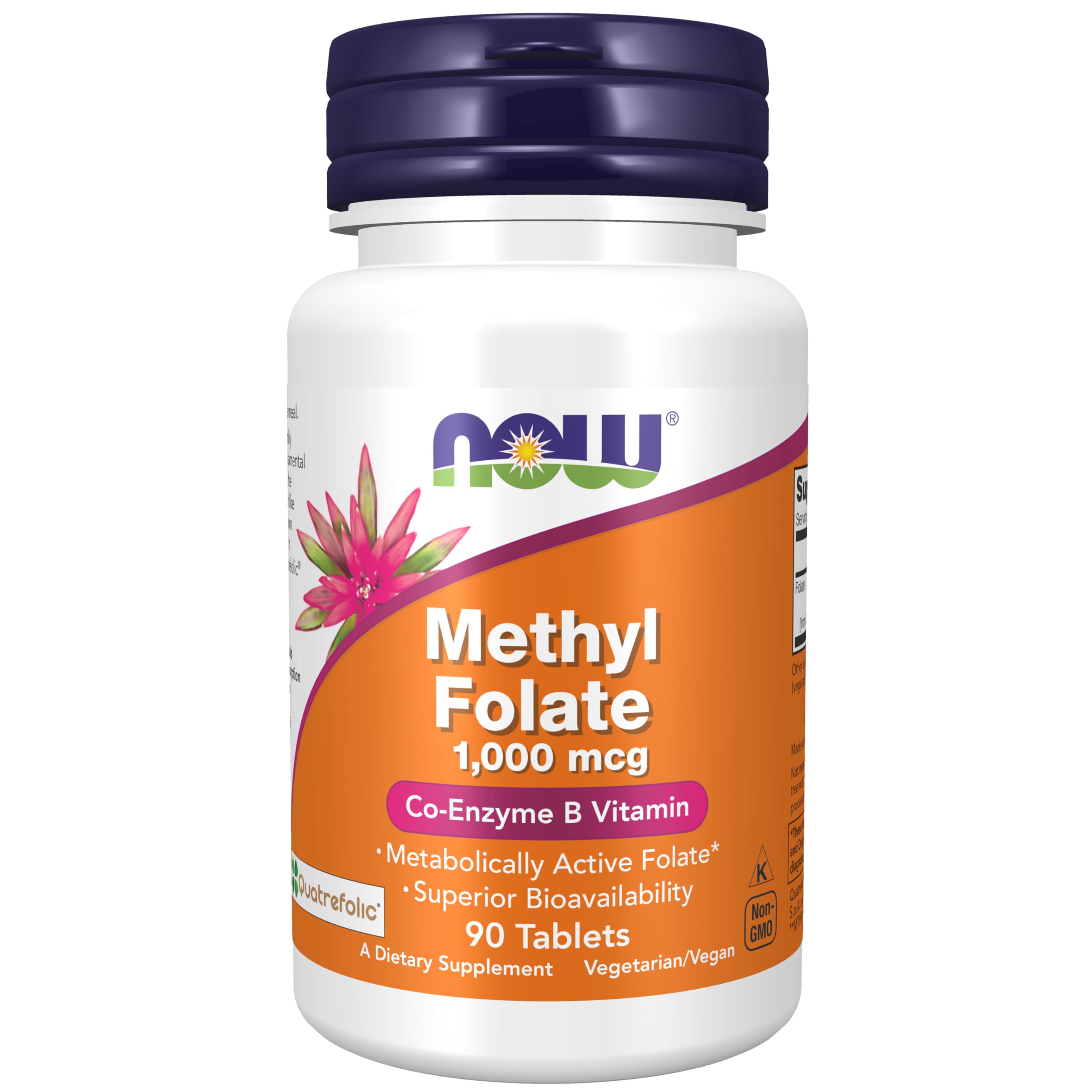 NOW Foods envase frontal mostrando 90 tabletas y certificaciones
