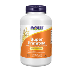 NOW Foods envase Super Primrose 1300 mg frente mostrando cantidad 120 softgels y calidad