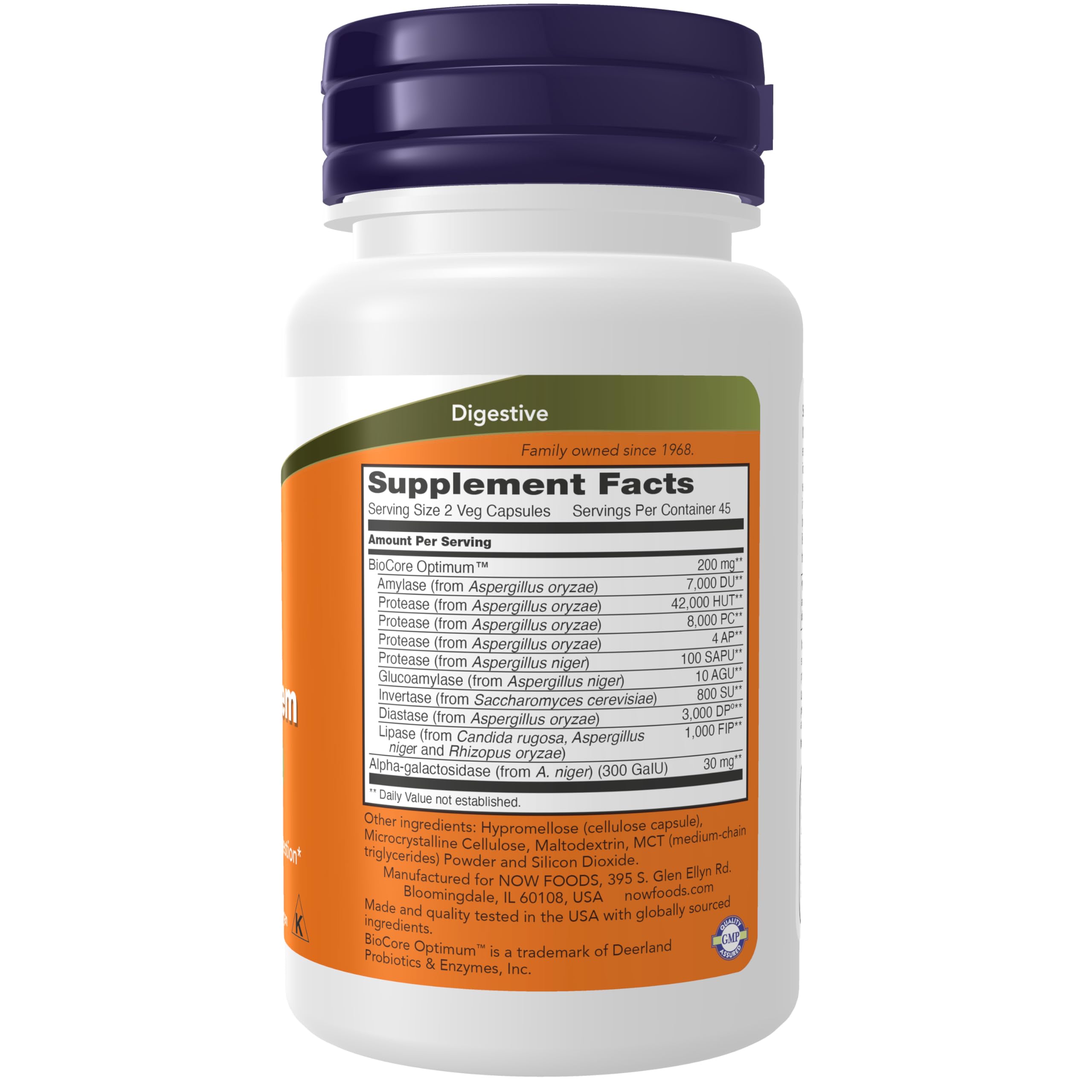 Etiqueta NOW Foods con listado de enzimas y certificaciones visibles