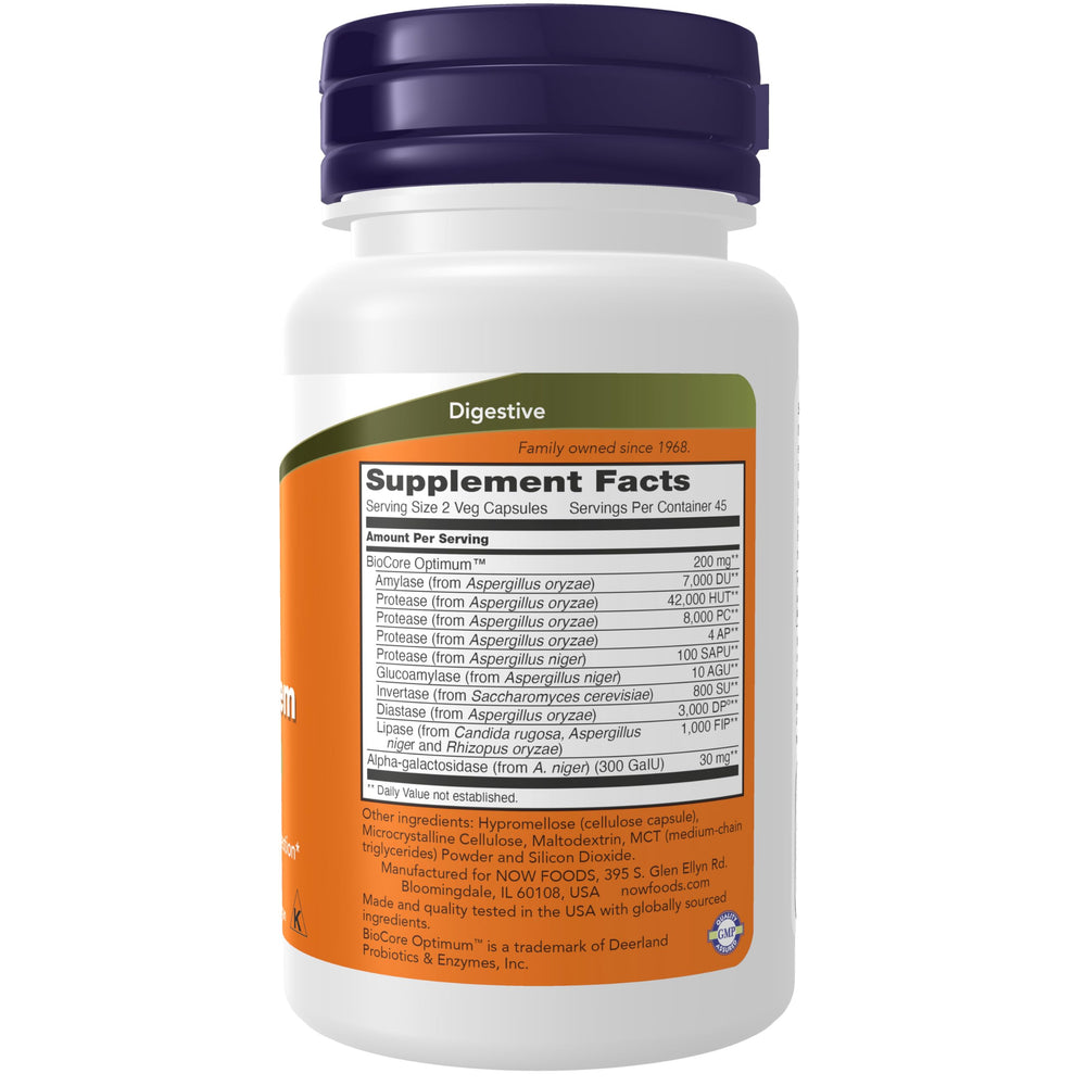 Etiqueta NOW Foods con listado de enzimas y certificaciones visibles