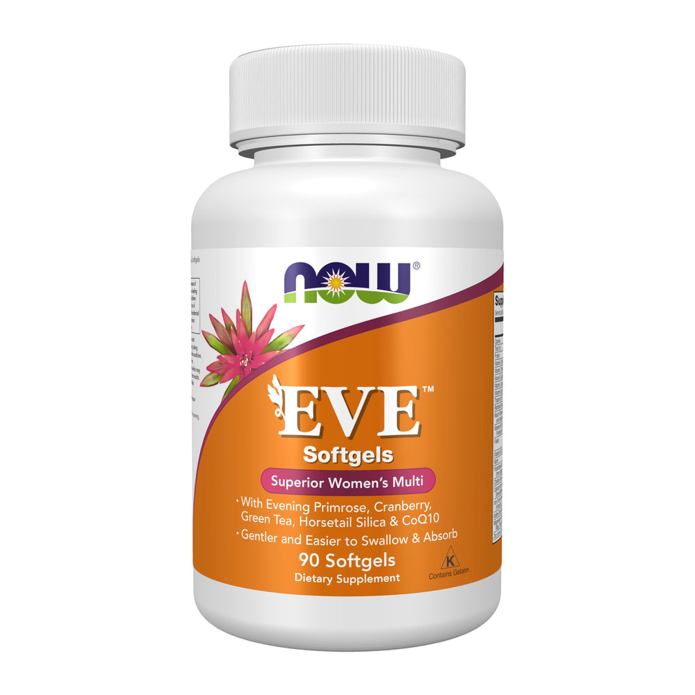 NOW Foods envase frontal de Eve™ mostrando 90 softgels y beneficios claros