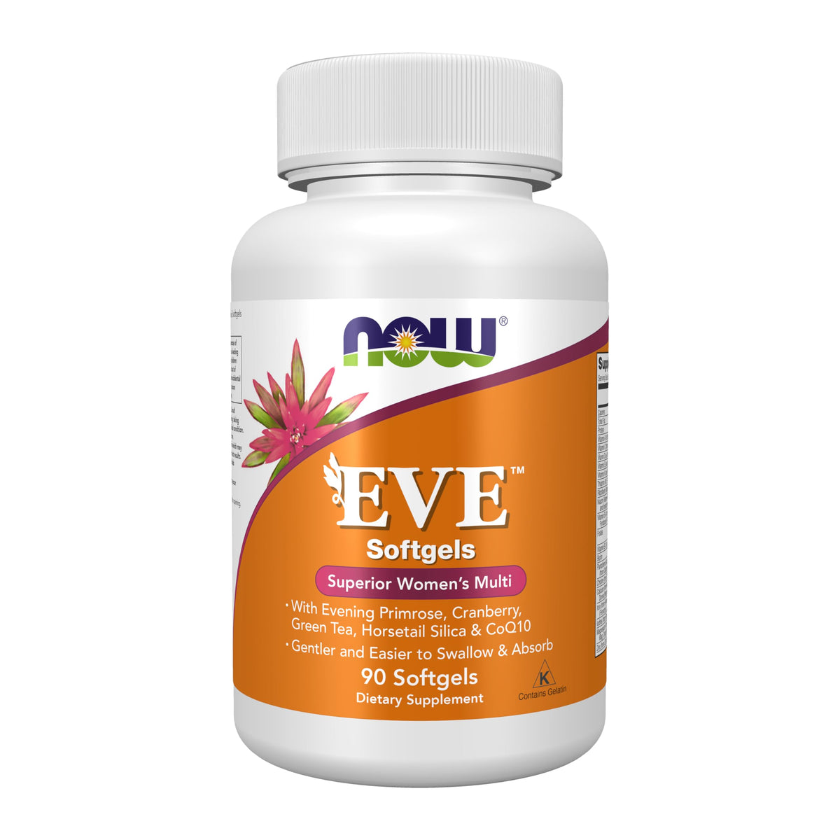NOW Foods envase frontal de Eve™ mostrando 90 softgels y beneficios claros