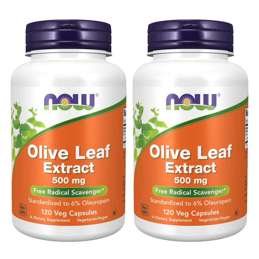 NOW Foods frasco frontal del extracto de hoja de olivo mostrando etiqueta clara