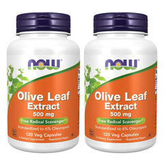 NOW Foods frasco frontal del extracto de hoja de olivo mostrando etiqueta clara