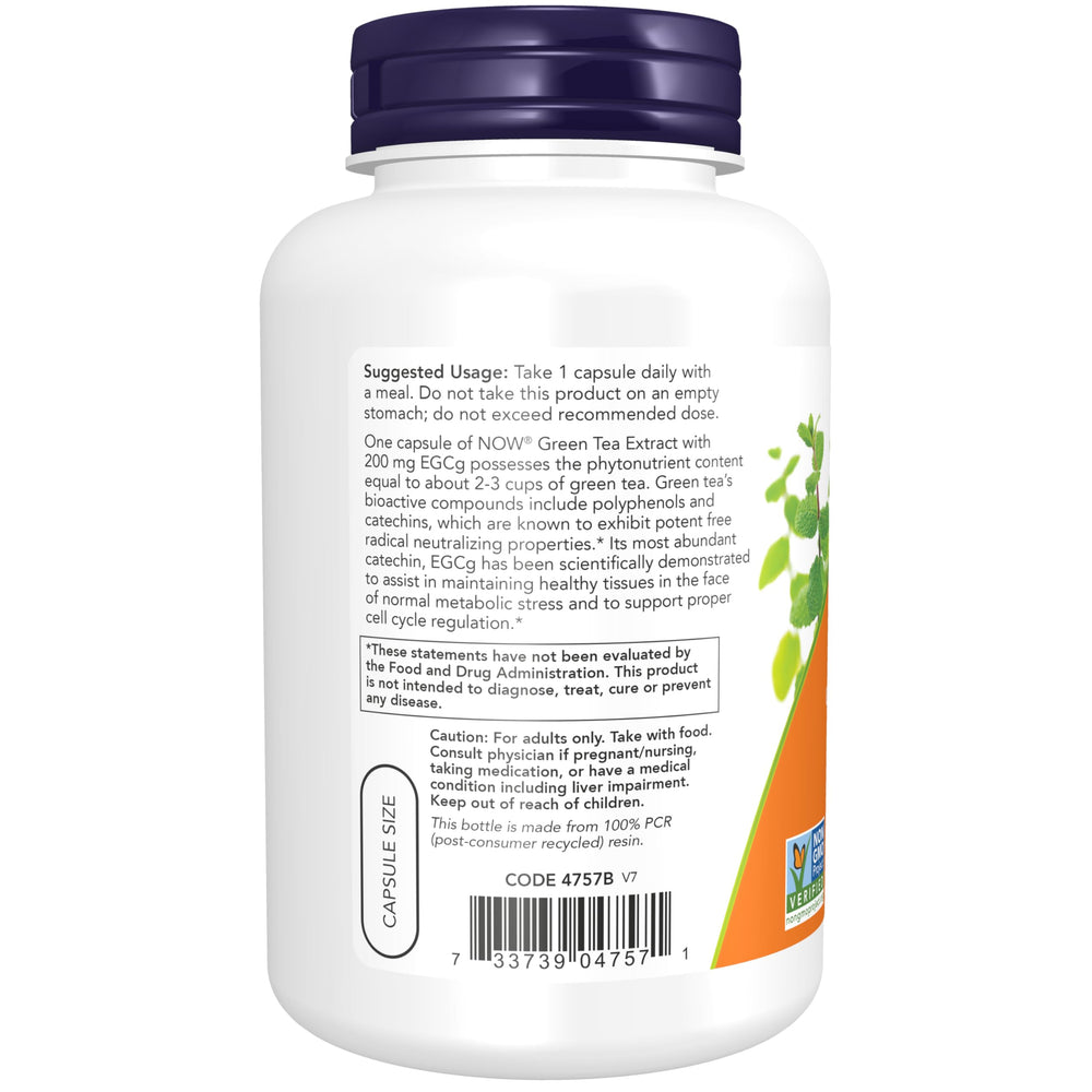 Etiqueta de NOW Foods con especificaciones del EGCg 200 mg y certificaciones GMP
