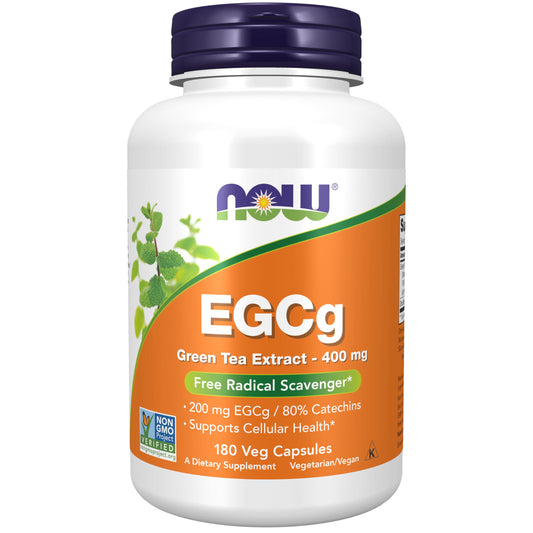 NOW Foods envase frontal del extracto de té verde mostrando 180 cápsulas y beneficios
