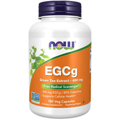 NOW Foods envase frontal del extracto de té verde mostrando 180 cápsulas y beneficios