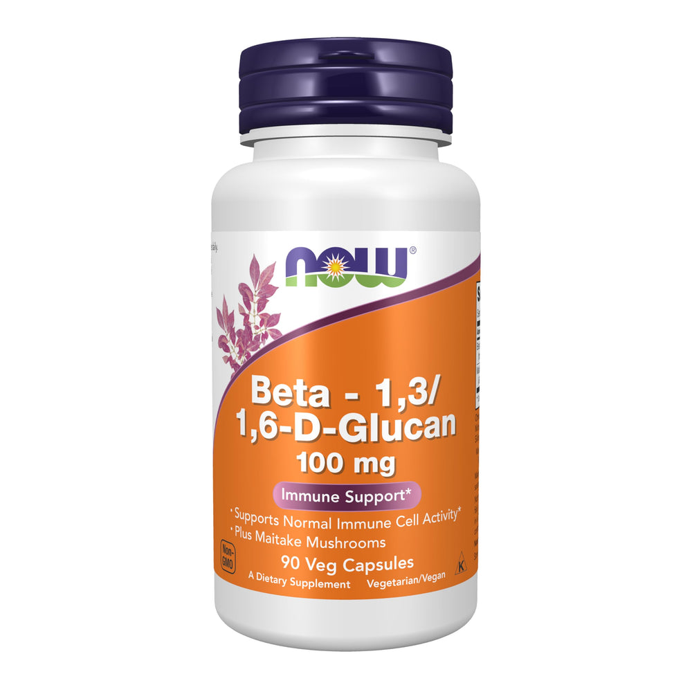 NOW Foods frasco frontal mostrando beta-glucan y maitake para confianza en calidad