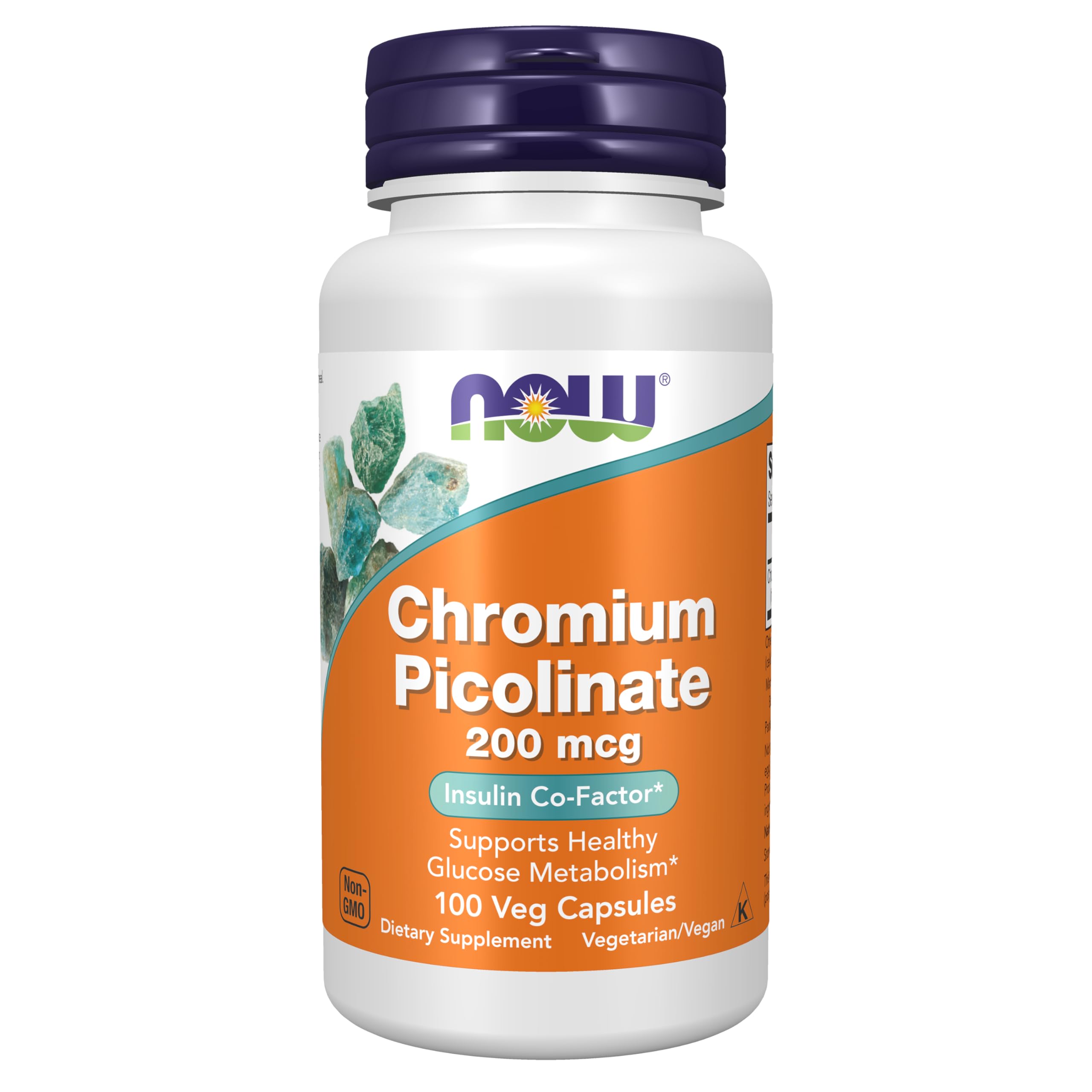 NOW Foods frasco frontal de Chromium Picolinate mostrando el envase y su conveniencia