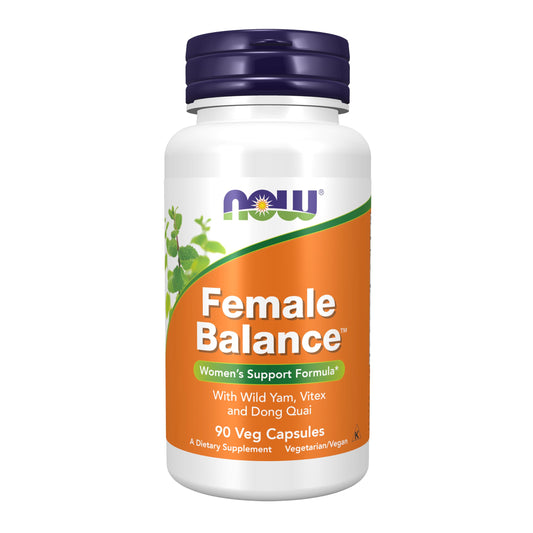 NOW Foods frasco frontal Female Balance mostrando la etiqueta y beneficios