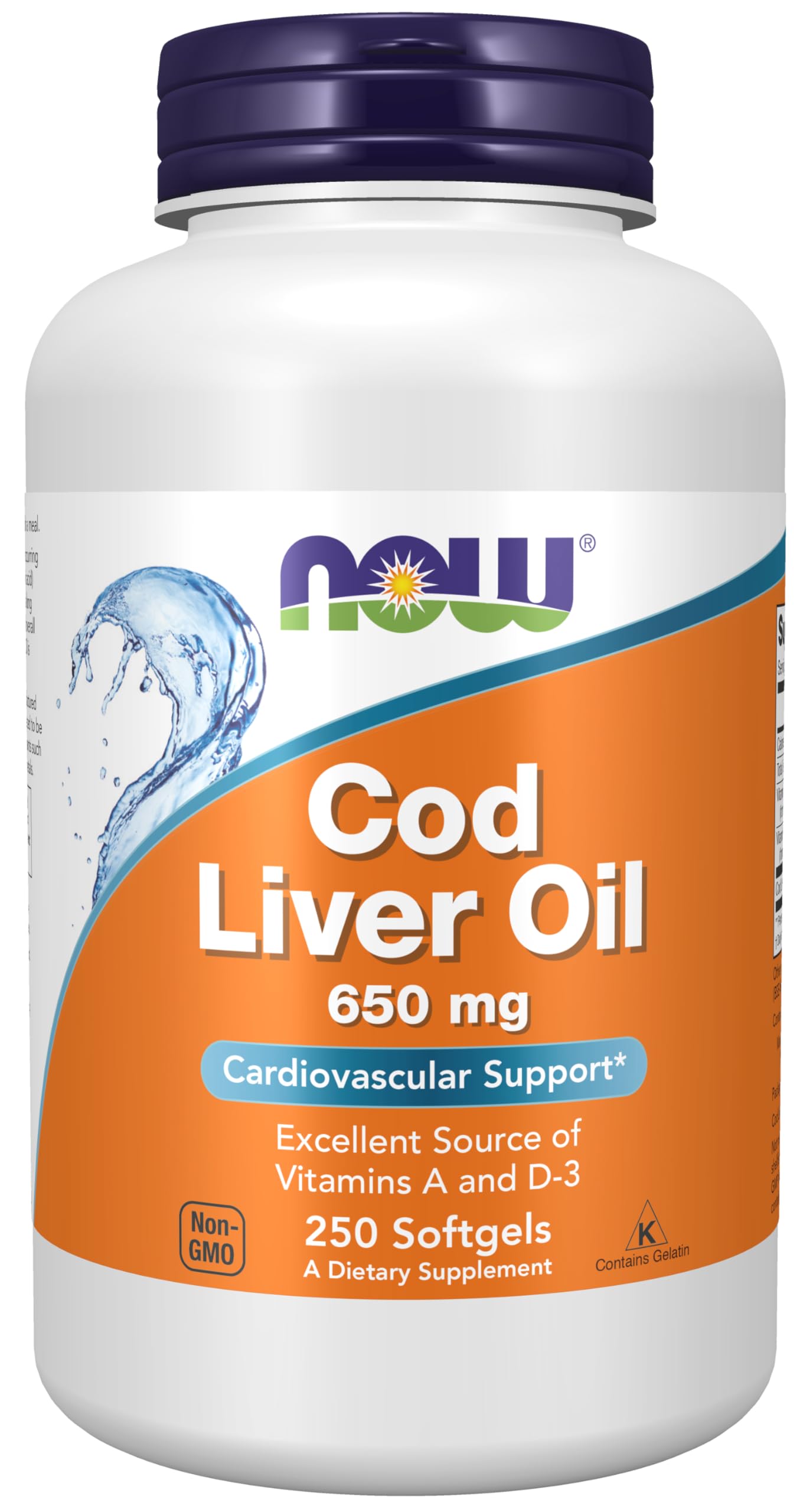 NOW Foods frente del envase 250 softgels mostrando beneficios y tamaño