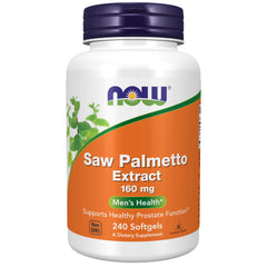 NOW Foods frente del envase Saw Palmetto mostrando cantidad y presentación beneficios prácticos