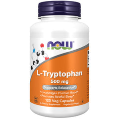 NOW Foods envase frontal de L-Tryptophan mostrando presentación y beneficio sueño
