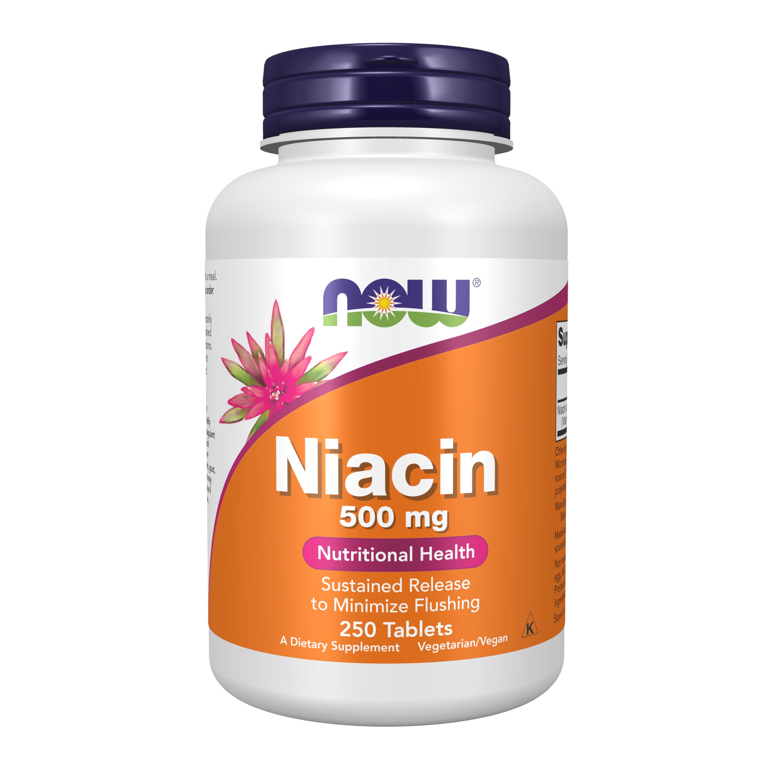 NOW Foods envase frontal de niacina 500 mg con 250 tabletas y claridad de dosis