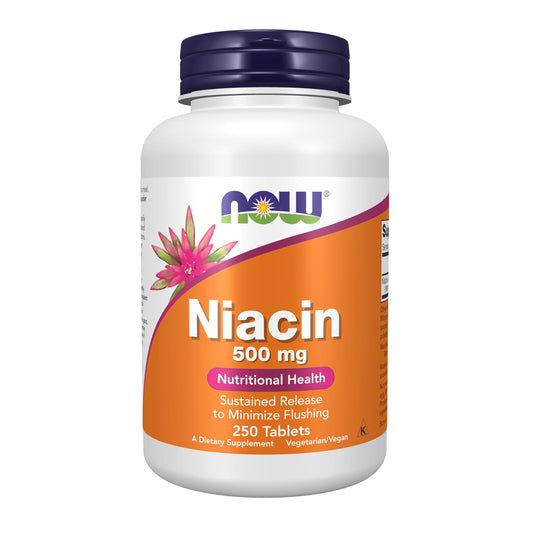 NOW Foods envase frontal de niacina 500 mg con 250 tabletas y claridad de dosis