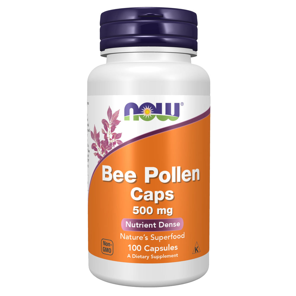 Now Foods envase frontal de Crd Bee Pollen muestra 100 cápsulas y etiqueta clara