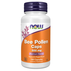 Now Foods envase frontal de Crd Bee Pollen muestra 100 cápsulas y etiqueta clara