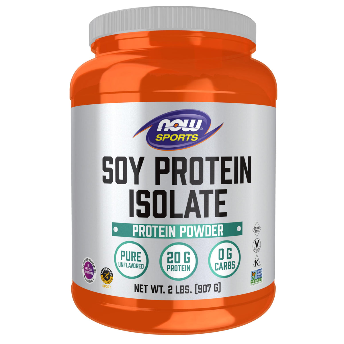 NOW Foods envase frontal de Soy Protein Isolate mostrando tamaño y marca