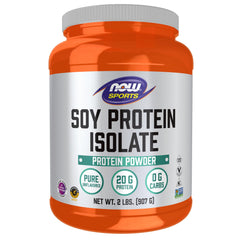 NOW Foods envase frontal de Soy Protein Isolate mostrando tamaño y marca