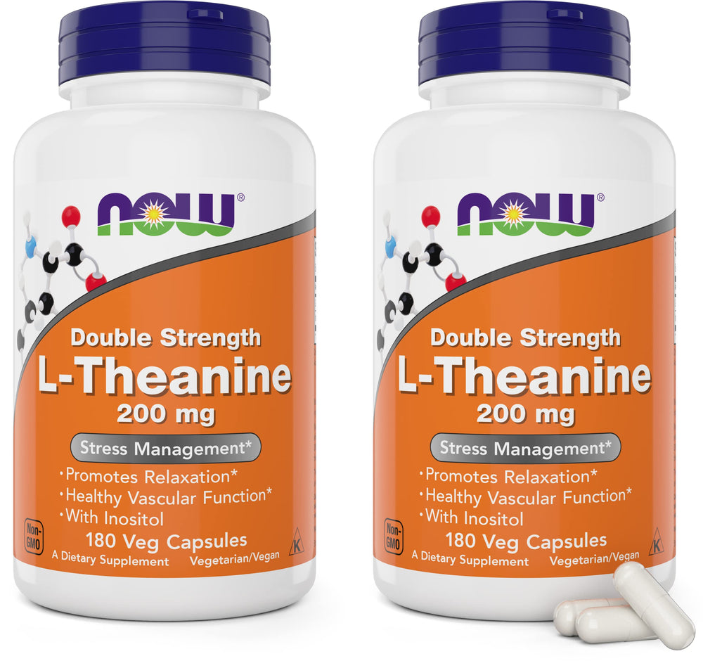 NOW Foods frasco frontal de L-Theanine 200 mg mostrando diseño y beneficios en envase
